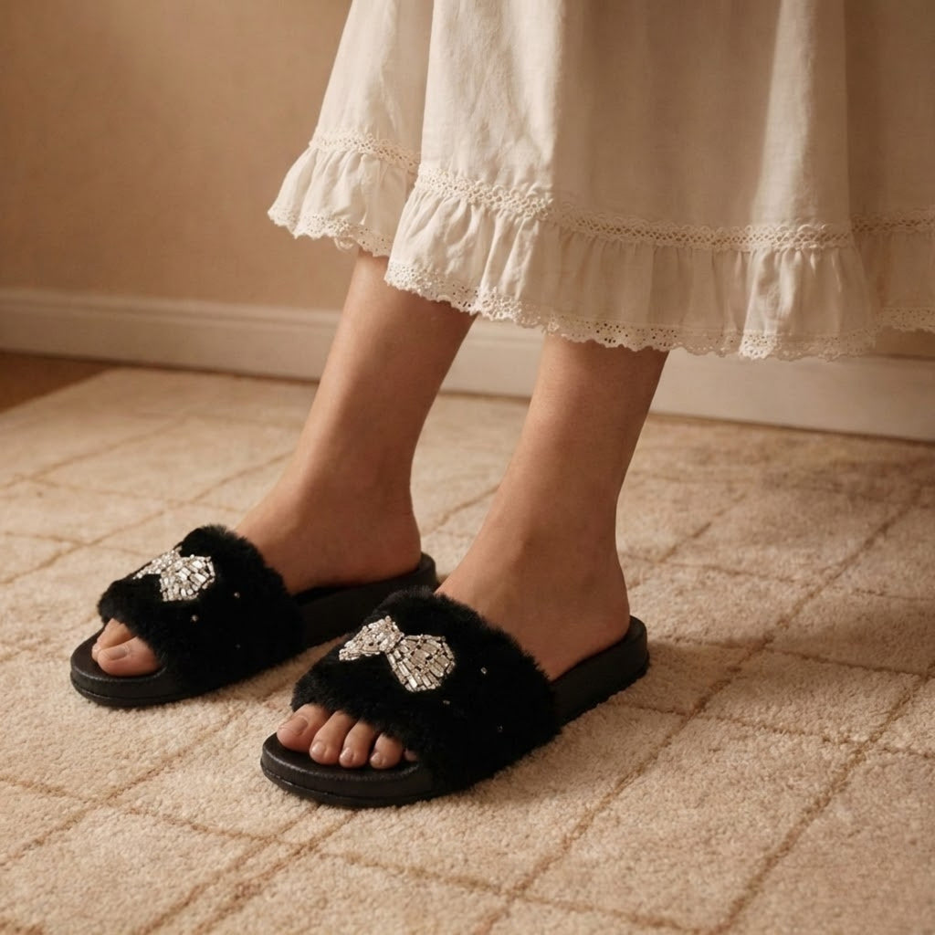 The Ava Noir Luxury Handmade Black Women’s Sliders – Faux Fur, Comfortable Rubber Sole, Diamanté Bow Embellished