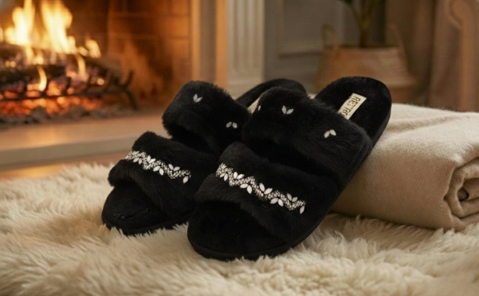 Myla Black Luxury Plush Diamanté Embellished Handmade Slipper