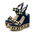 Jasmine Navy Luxury Women’s Wedge Heels – Hand Embellished Suede High Heel Sandals in Black-Toned Design