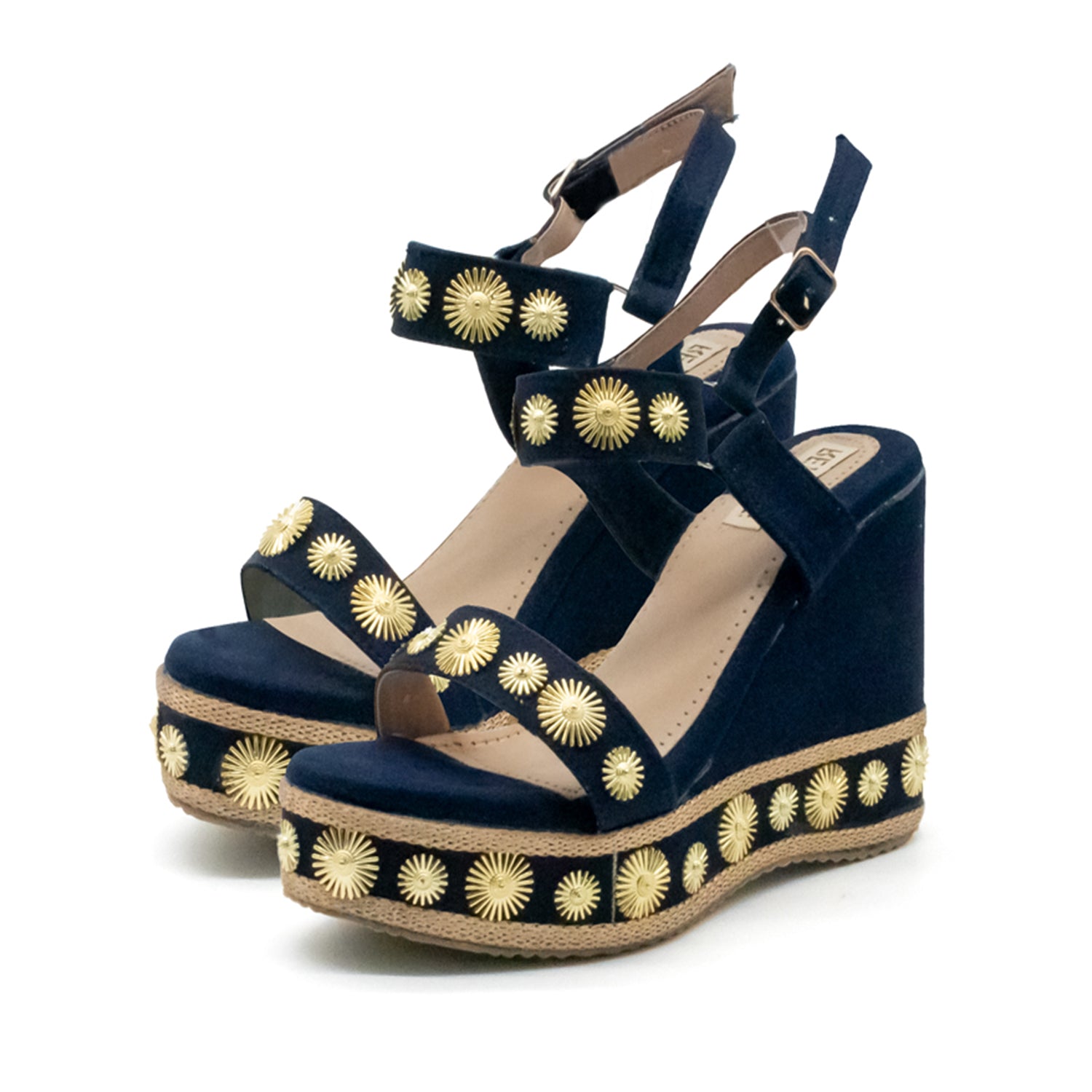 Jasmine Navy Luxury Women’s Wedge Heels – Hand Embellished Suede High Heel Sandals in Black-Toned Design
