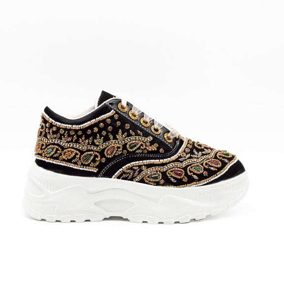 Isabella Luxury Black Satin Handmade Embellished Trainers