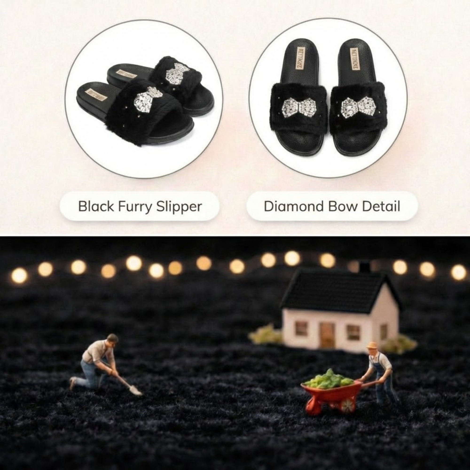 The Ava Noir Luxury Handmade Black Women’s Sliders – Faux Fur, Comfortable Rubber Sole, Diamanté Bow Embellished