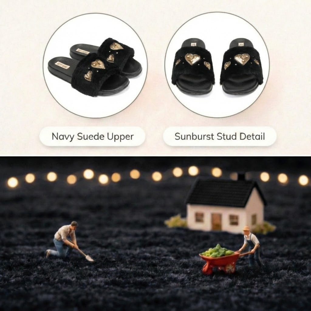 The Ella Noir Luxury Plush Diamanté Handmade Black Sliders for Women – Faux Fur, Comfortable Rubber Sole, Daily Wear