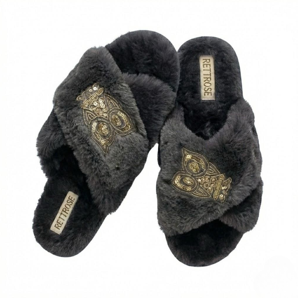 Georgia Charcoal Luxury Plush Diamanté Embellished Handmade Slipper