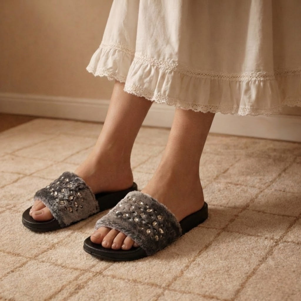 Sienna Black & Charcoal Luxury Faux Fur Comfortable Diamanté Embellished Women’s Handmade Sliders