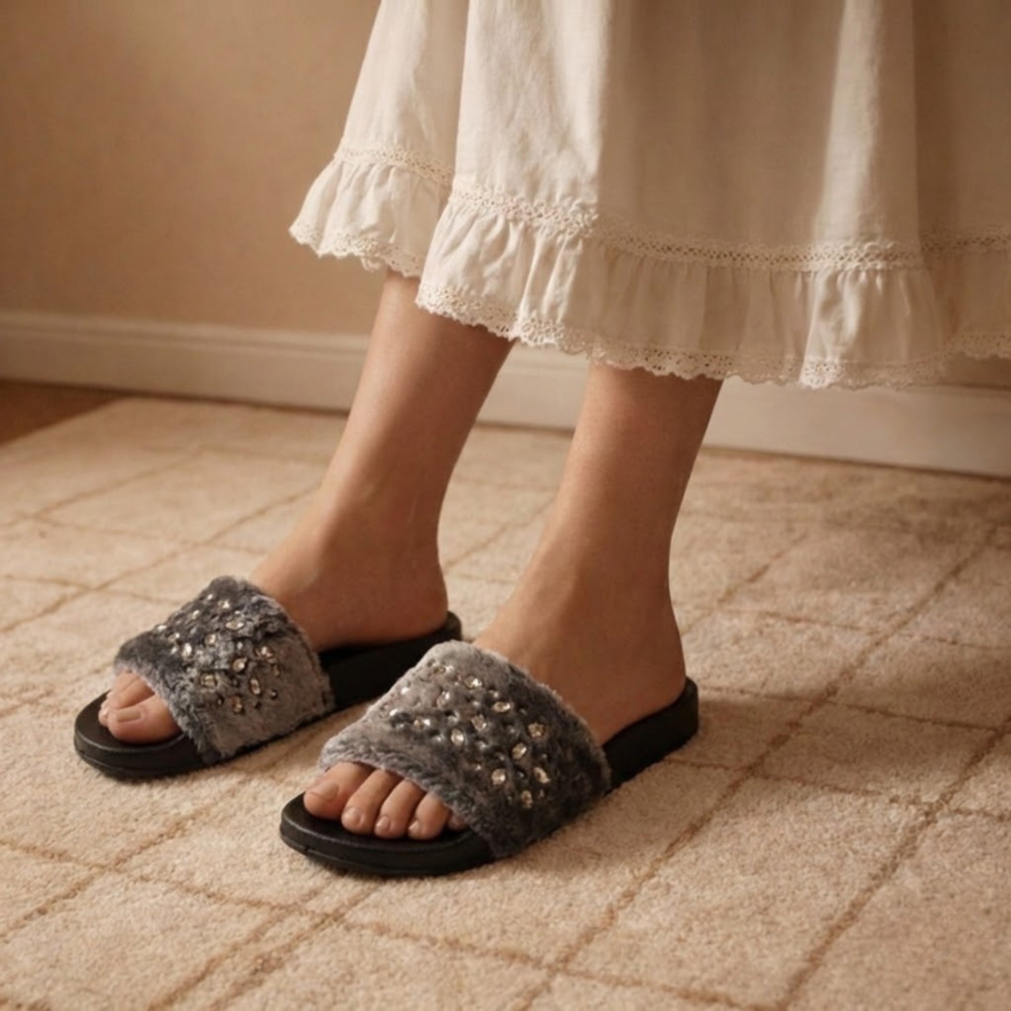 Sienna Black & Charcoal Luxury Faux Fur Comfortable Diamanté Embellished Women’s Handmade Sliders