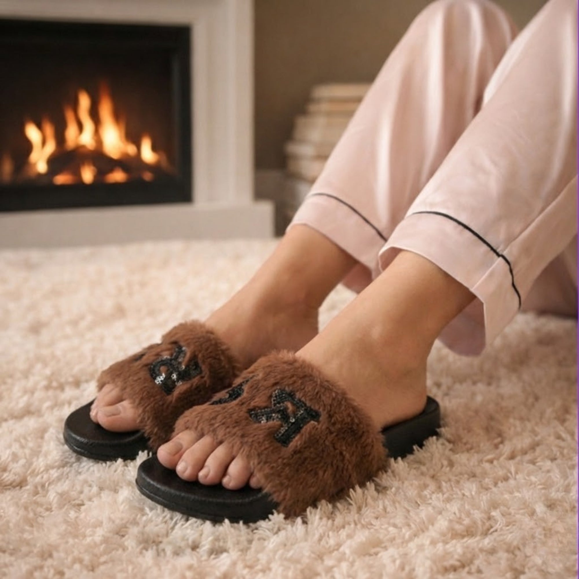 The Truvi Chocolate Luxury Handmade Women’s Sliders – Faux Fur, Brown & Black, Comfortable Rubber Sole, Diamanté Embellished