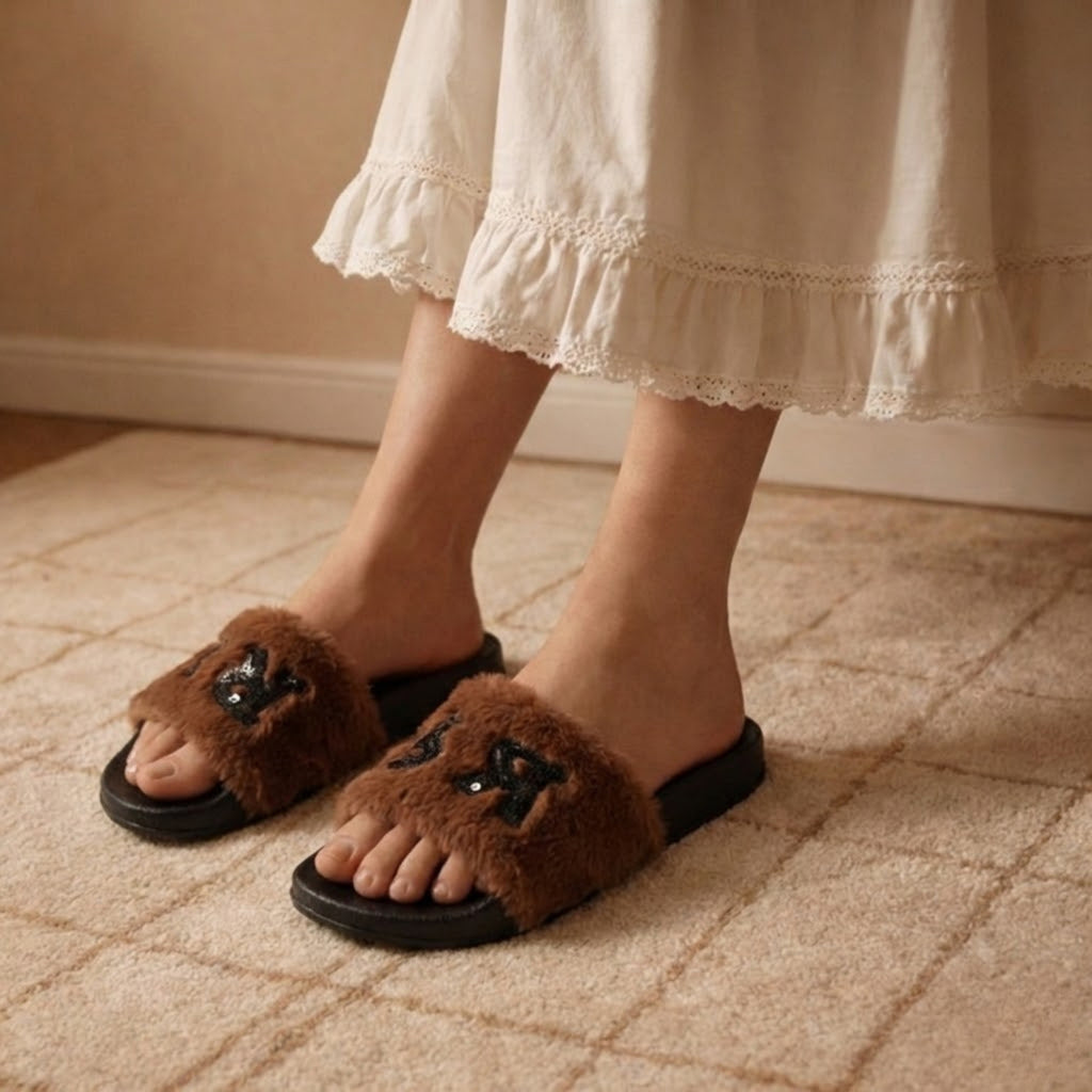 The Truvi Chocolate Luxury Handmade Women’s Sliders – Faux Fur, Brown & Black, Comfortable Rubber Sole, Diamanté Embellished