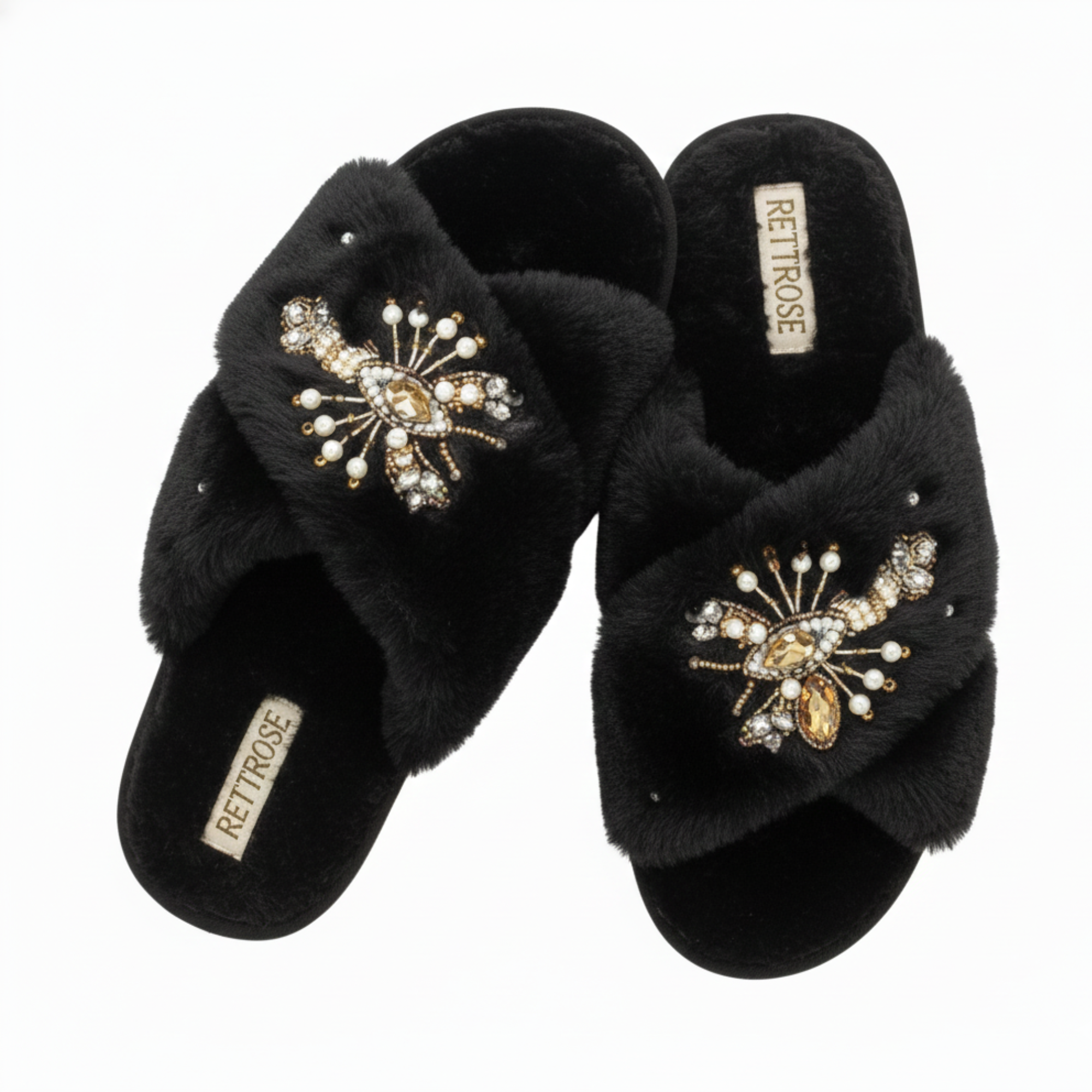 The Anastasia Black Luxury Handmade Women’s Slippers – Faux Fur, Diamanté Bow, Comfortable Rubber Sole, Excellent Grip