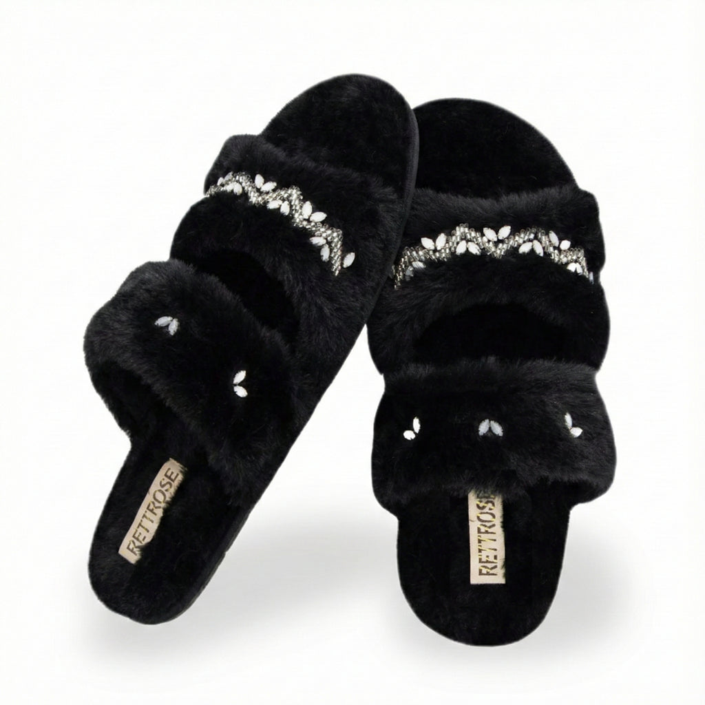 Myla Black Luxury Plush Diamanté Embellished Handmade Slipper