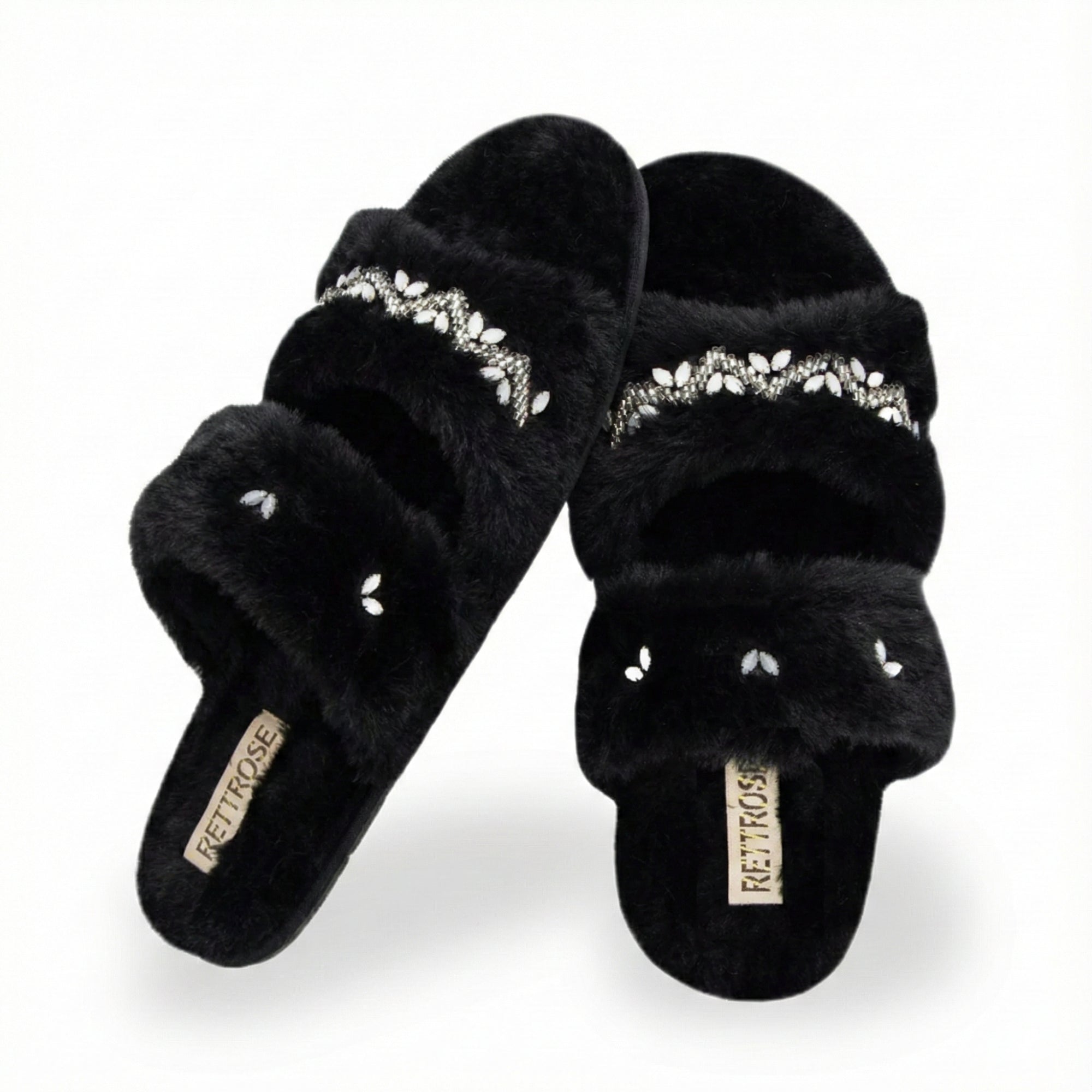 Myla Black Luxury Plush Diamanté Embellished Handmade Slipper