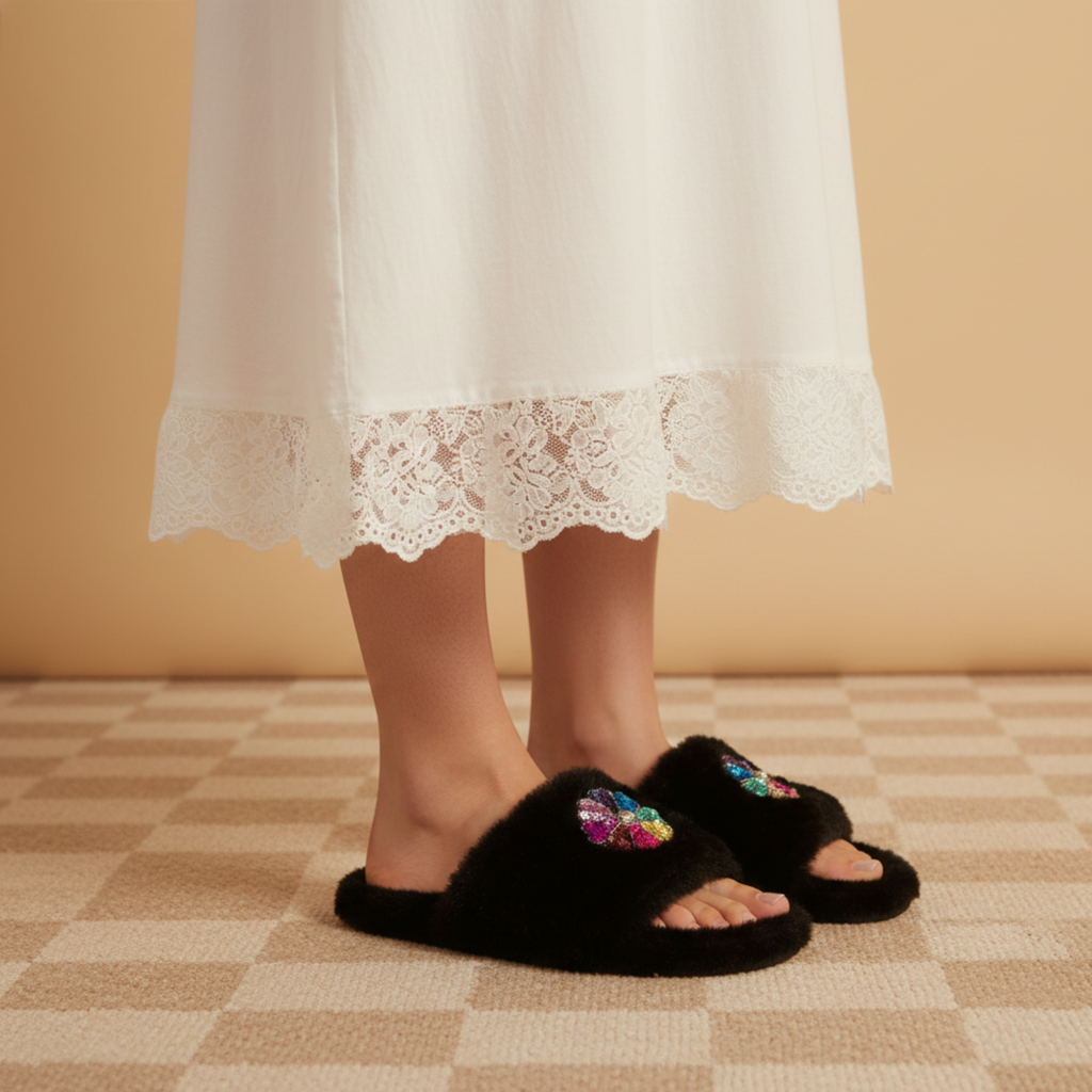 Marnie Black Luxury Plush Diamanté Embellished Handmade Slipper