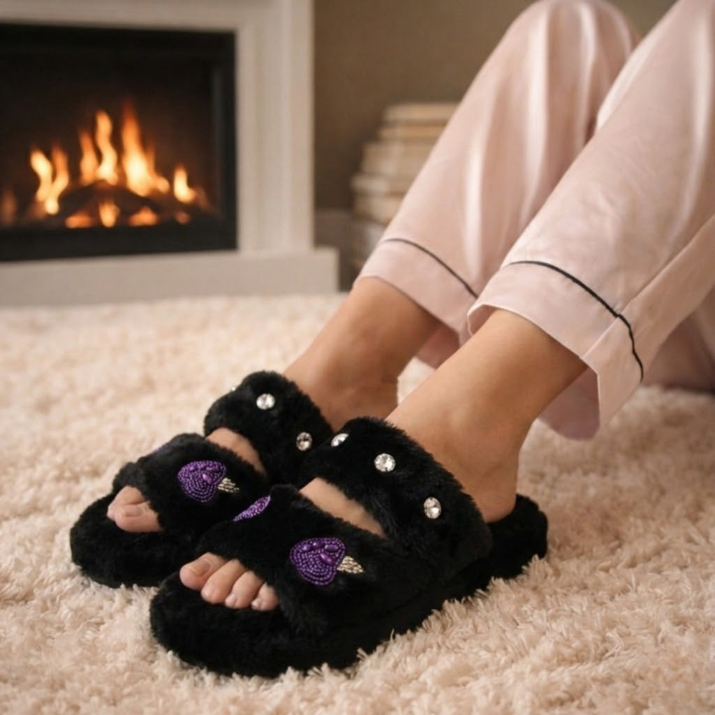 Ada Black Luxury Plush Diamanté Embellished Handmade Slipper