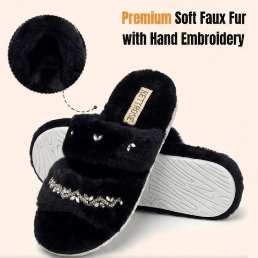 Myla Black Luxury Plush Diamanté Embellished Handmade Slipper