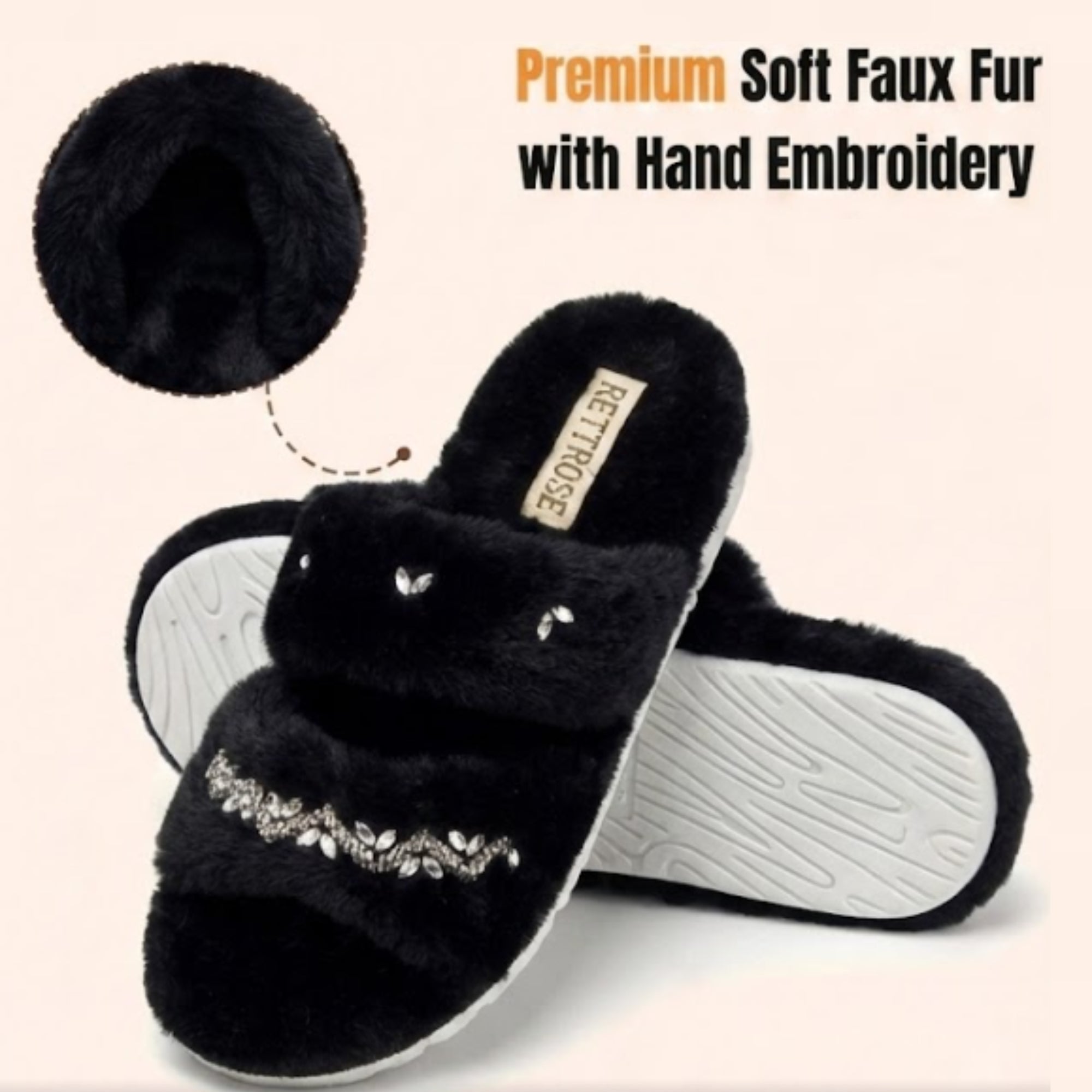 Myla Black Luxury Plush Diamanté Embellished Handmade Slipper