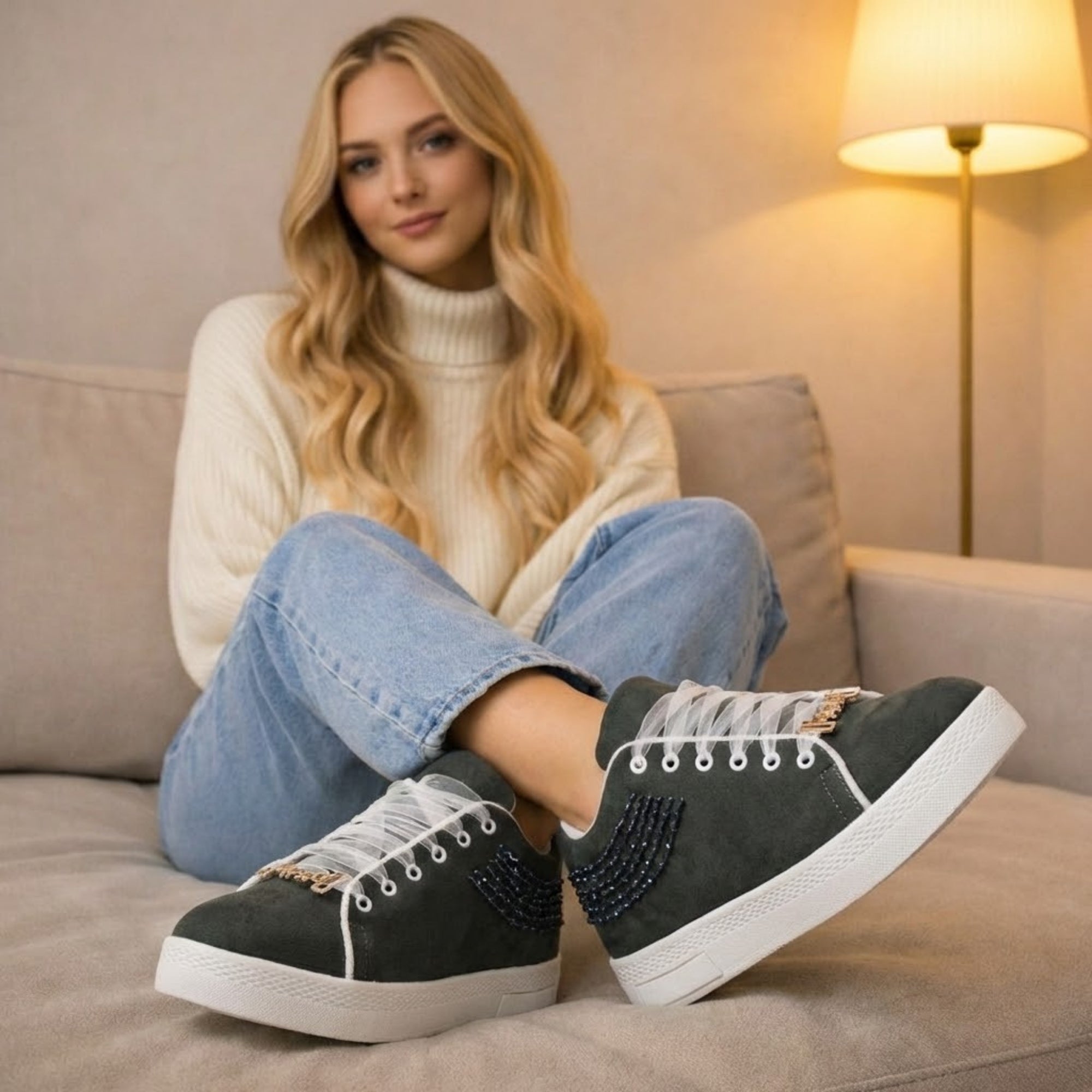 Peyton Luxury Slate Suede Handmade Embellished Tennis Shoe