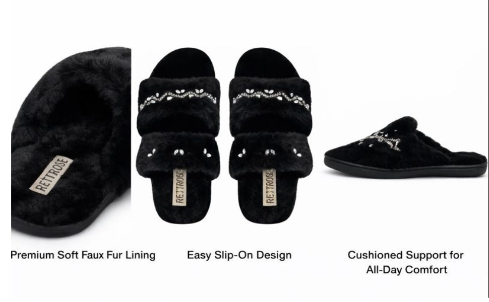 Myla Black Luxury Plush Diamanté Embellished Handmade Slipper