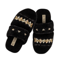 Faith Women’s Black Slippers – Lightweight Comfortable Handmade Plush Slippers with Diamanté Bow | Premium Faux Fur Footwear