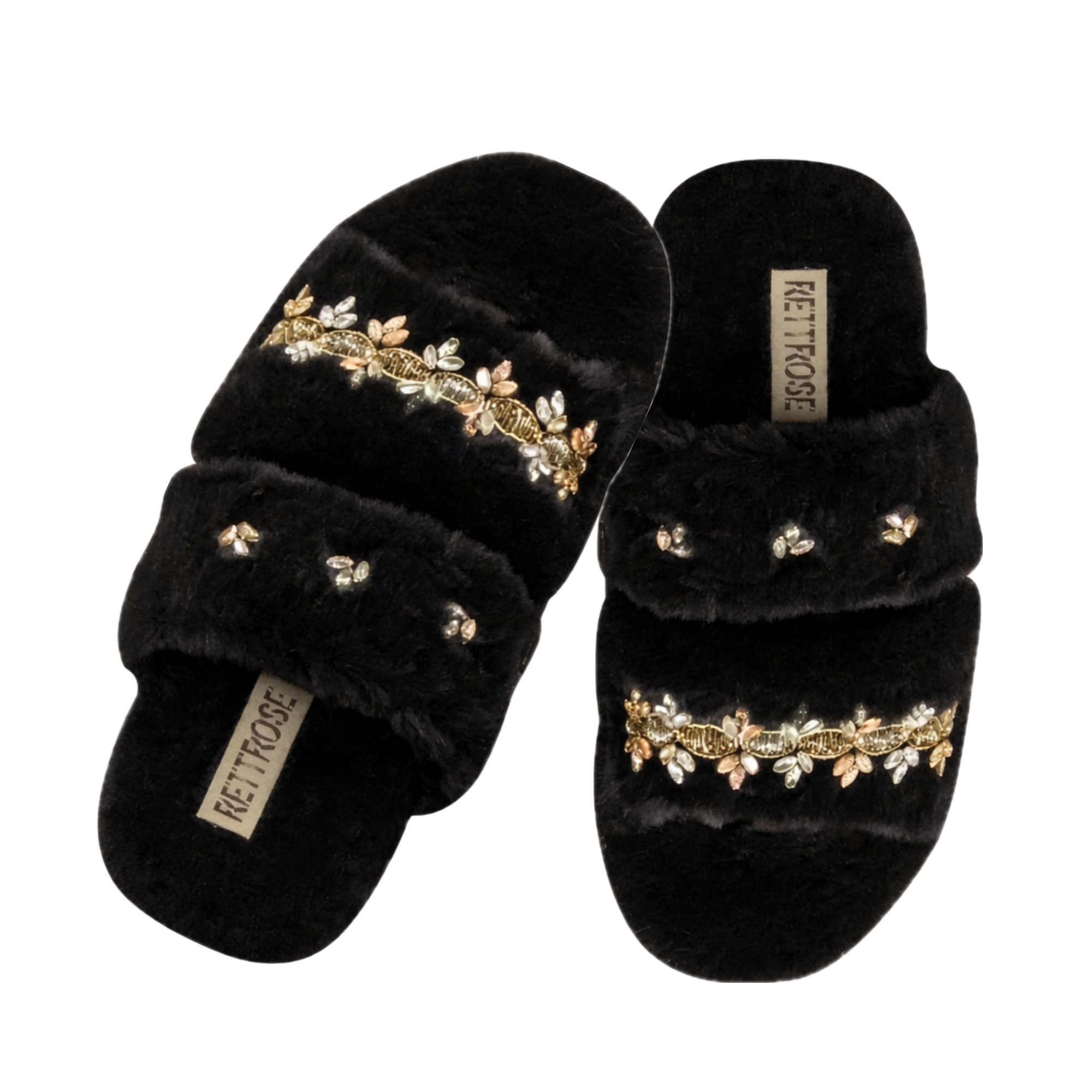 Faith Women’s Black Slippers – Lightweight Comfortable Handmade Plush Slippers with Diamanté Bow | Premium Faux Fur Footwear