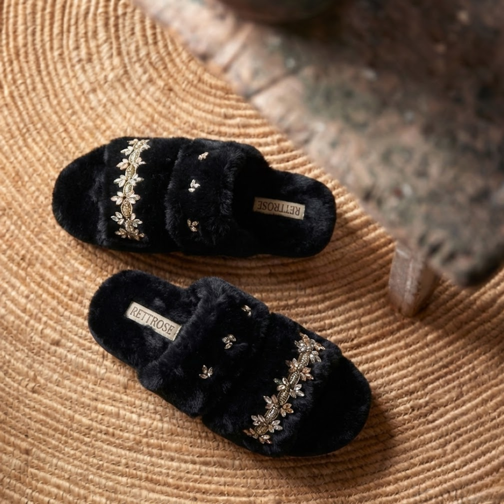 Faith Women’s Black Slippers – Lightweight Comfortable Handmade Plush Slippers with Diamanté Bow | Premium Faux Fur Footwear