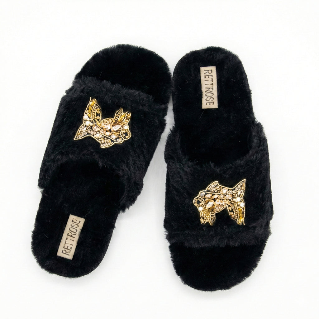 Mae Black Luxury Plush Diamanté Embellished Handmade Slipper