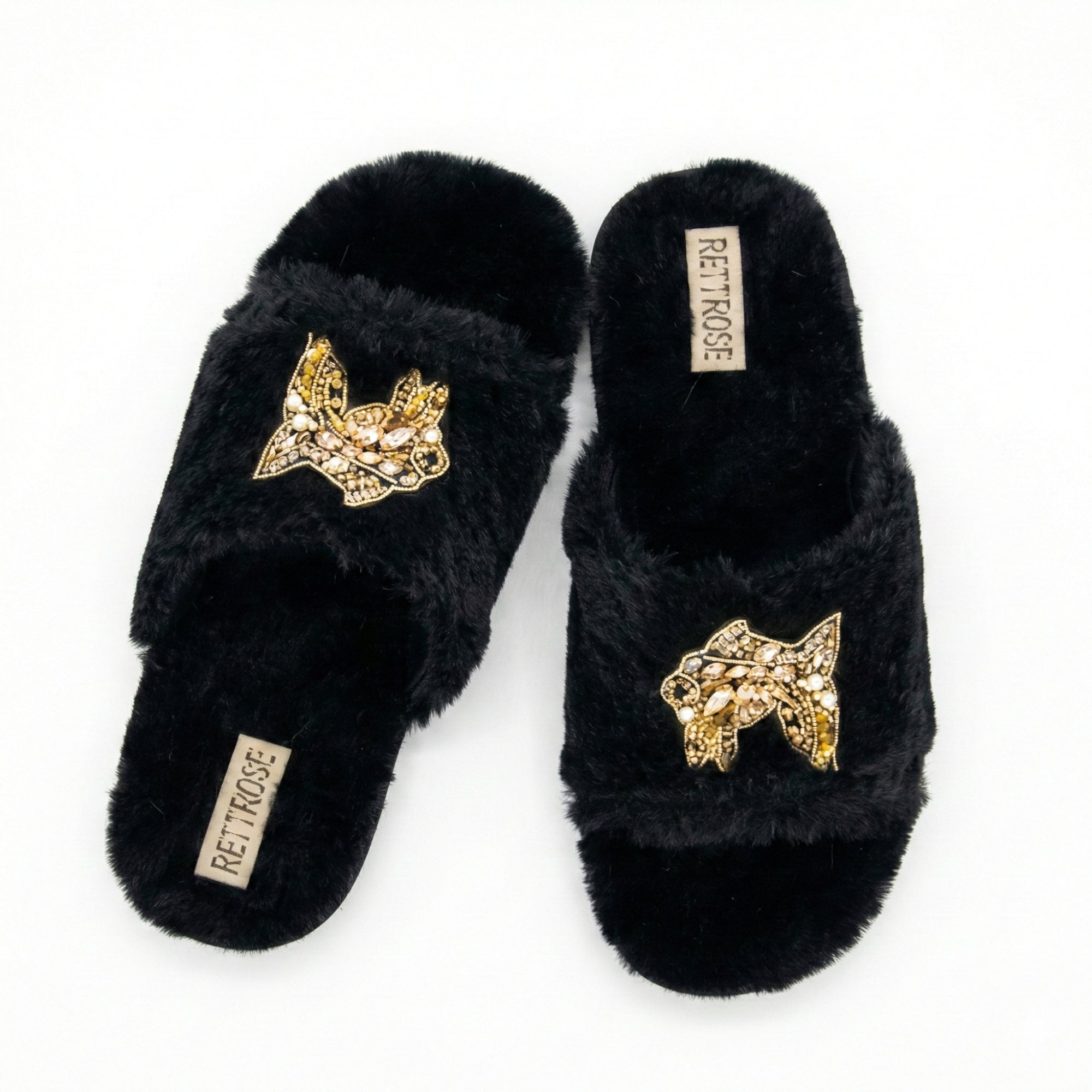 Mae Black Luxury Plush Diamanté Embellished Handmade Slipper