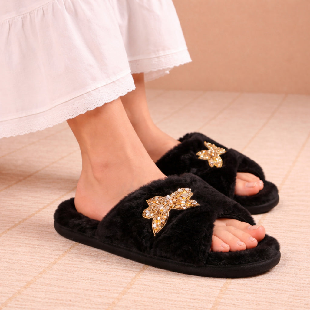 Mae Black Luxury Plush Diamanté Embellished Handmade Slipper
