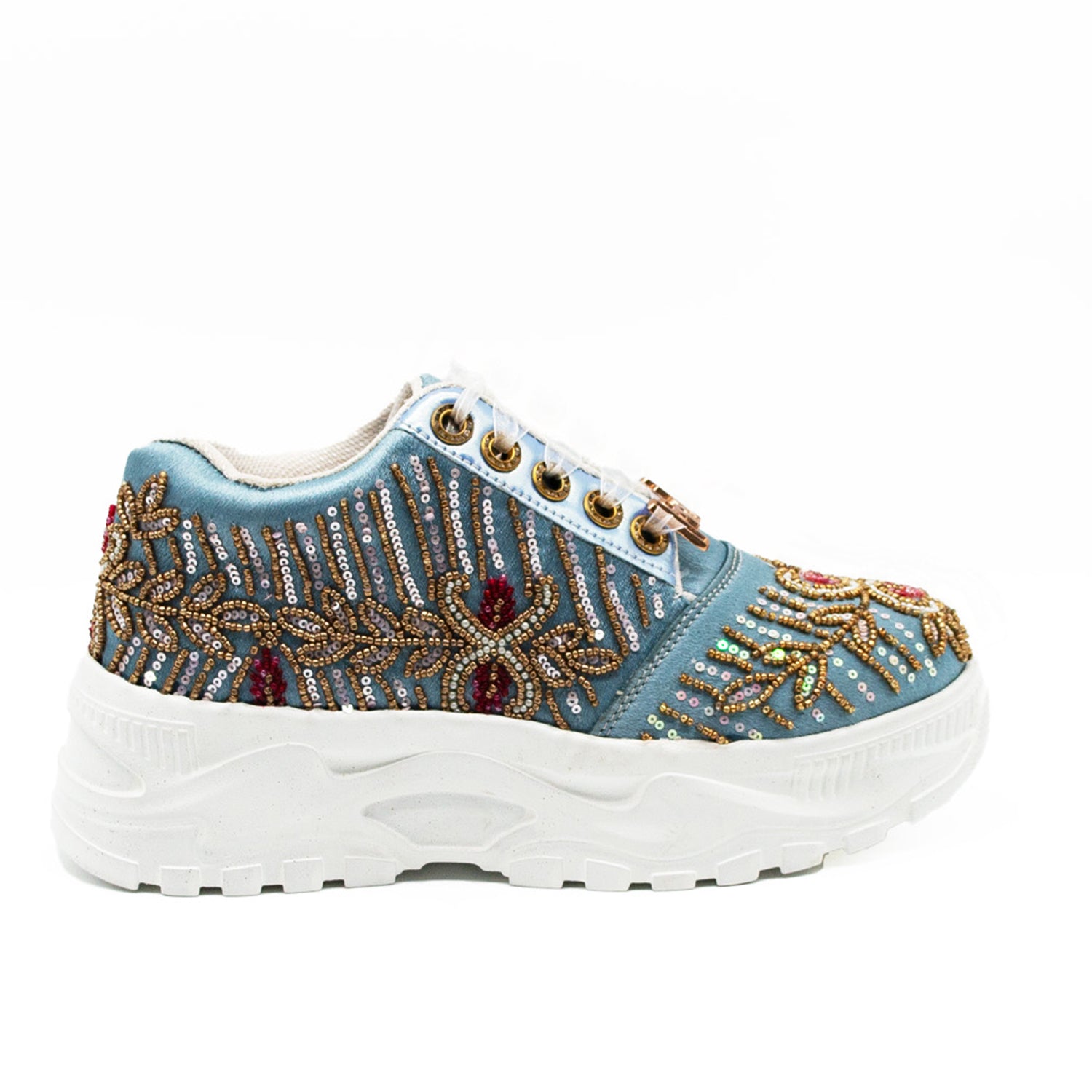 Athena Luxury Dusky Blue Satin Handmade Embellished Trainers