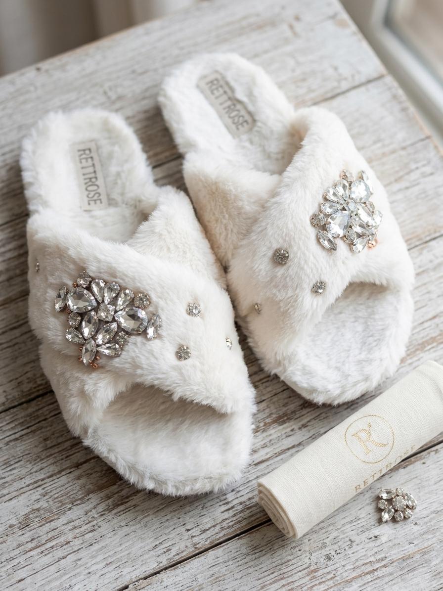 Audrey Cream Luxury Plush Diamanté Embellished Handmade Slipper