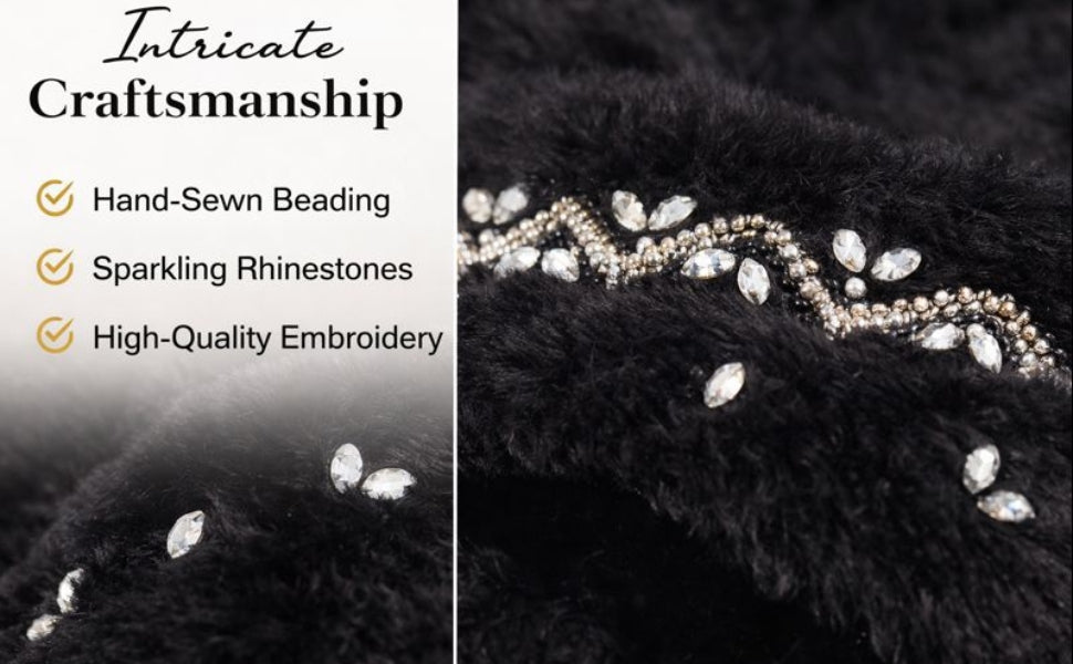 Myla Black Luxury Plush Diamanté Embellished Handmade Slipper