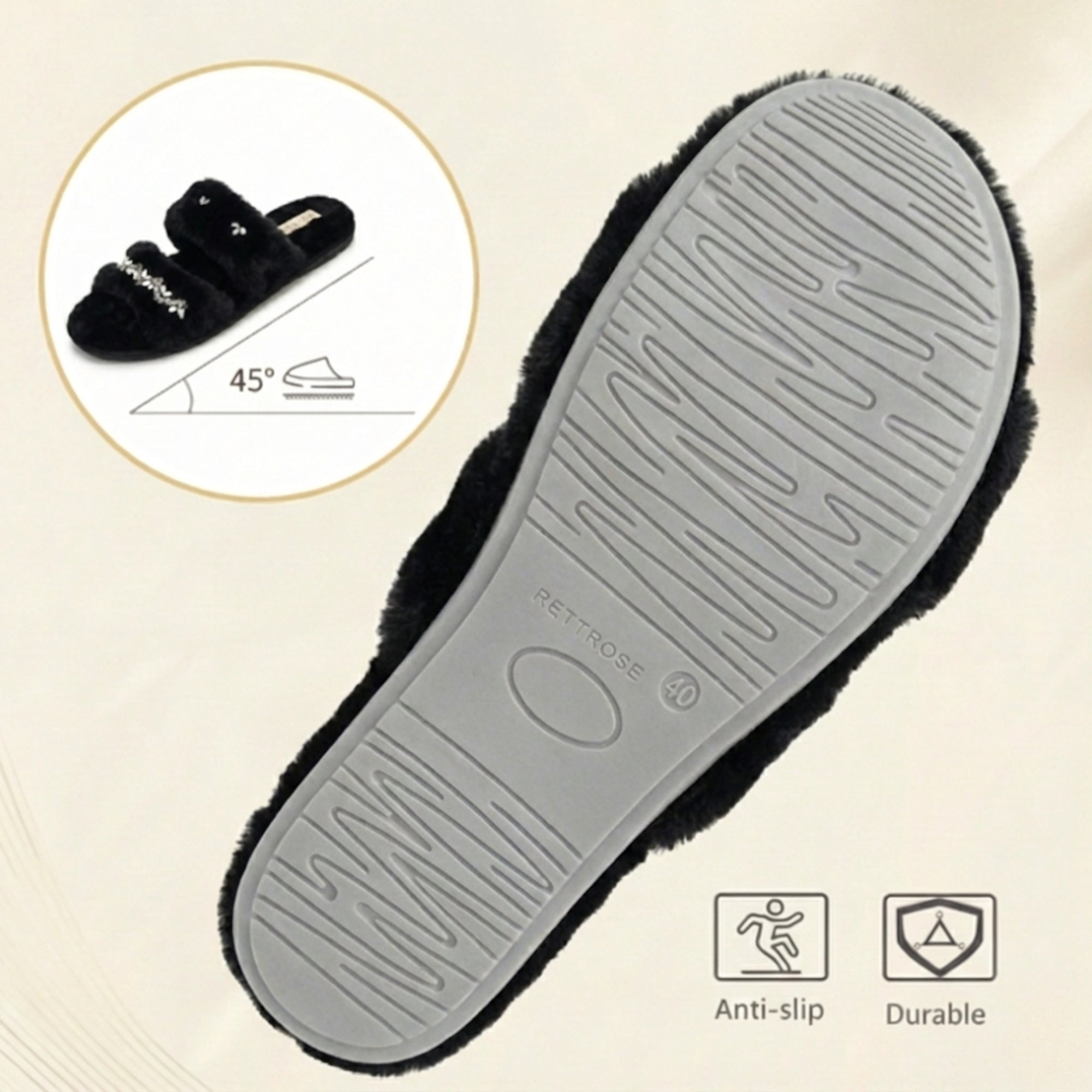 Myla Black Luxury Plush Diamanté Embellished Handmade Slipper