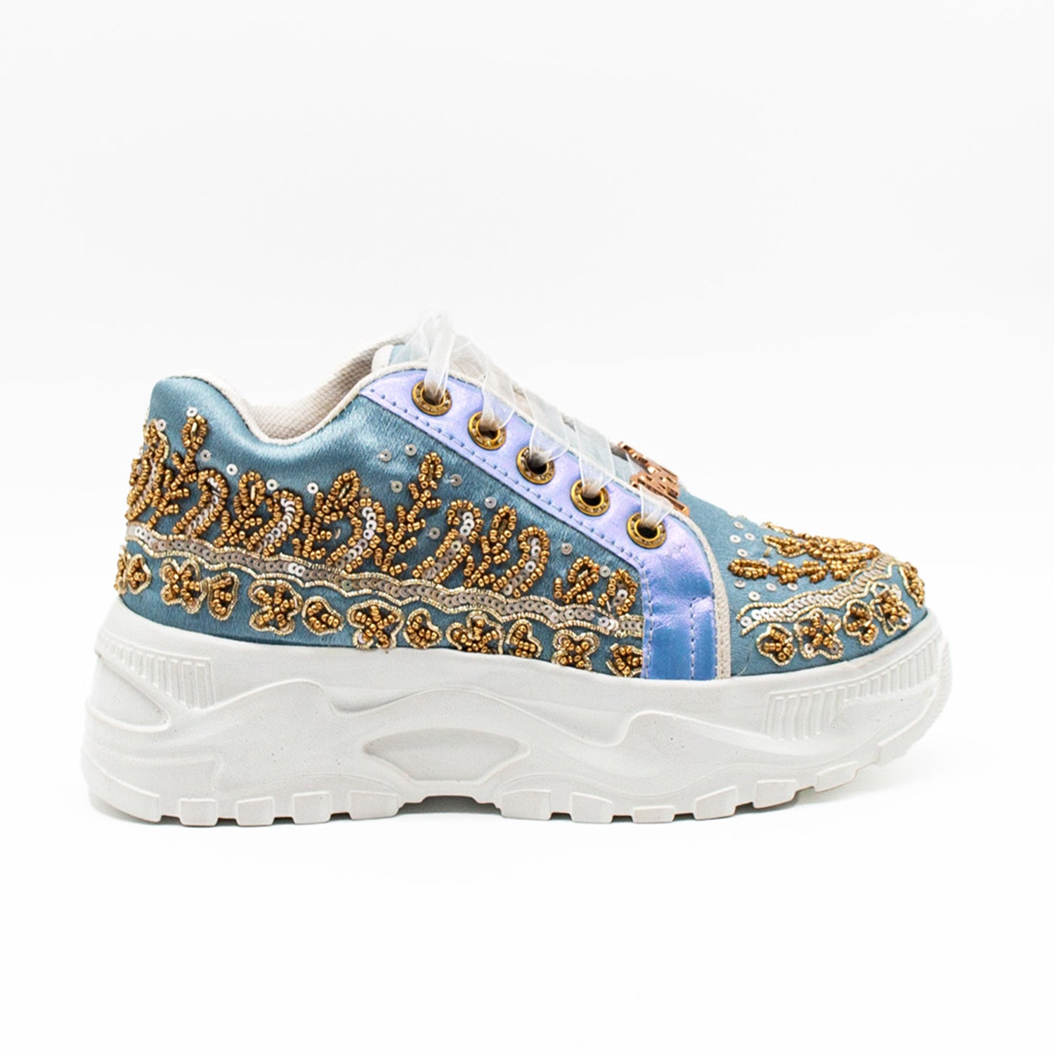 Petra Luxury Dusky Blue Satin Handmade Embellished Trainers