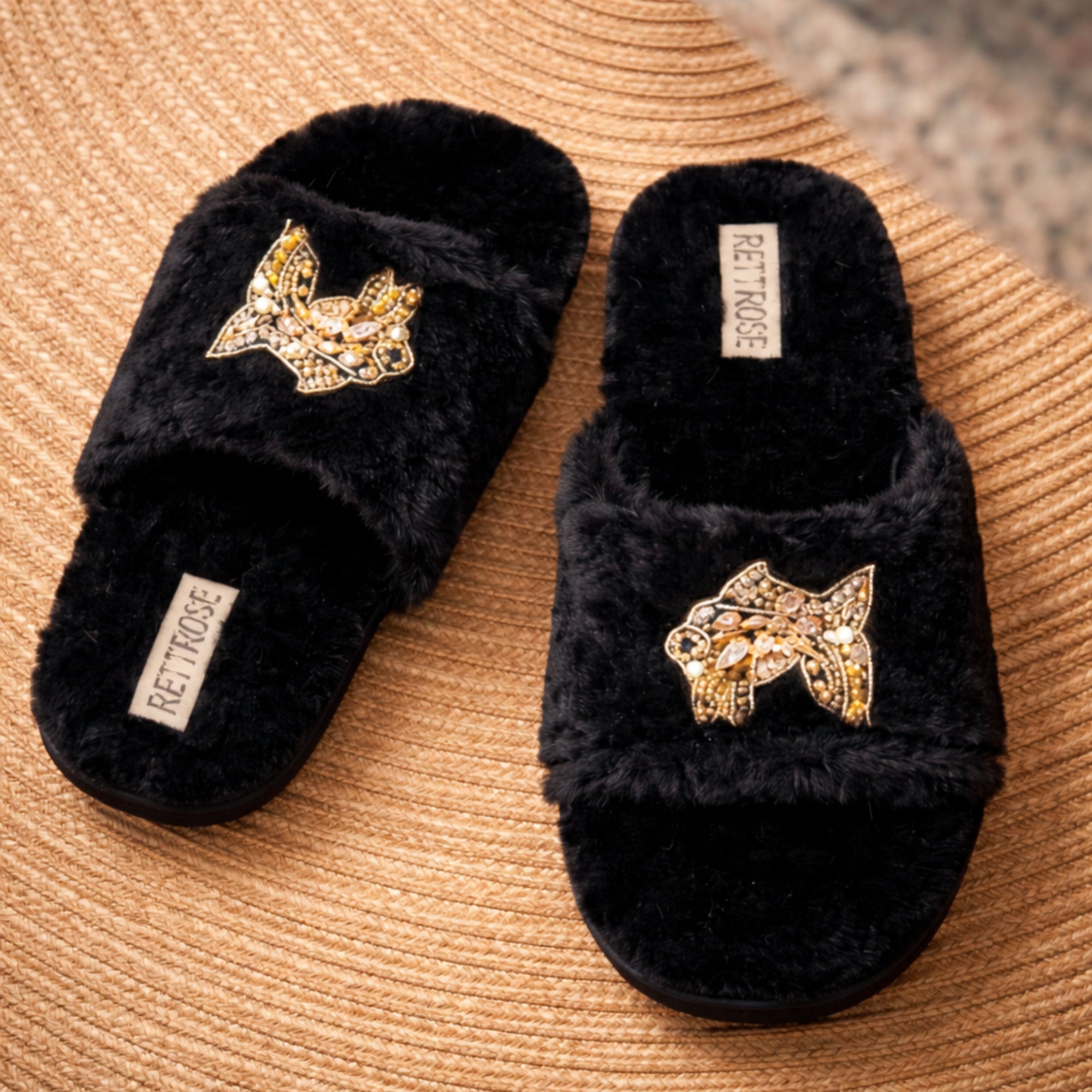 Mae Black Luxury Plush Diamanté Embellished Handmade Slipper
