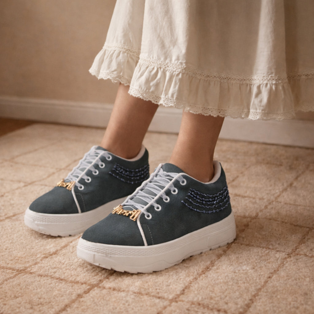 Peyton Luxury Slate Suede Handmade Embellished Tennis Shoe