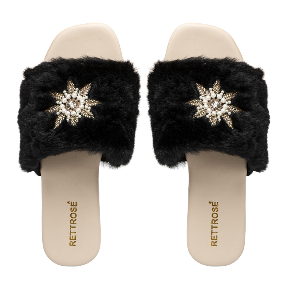 Taylor Black Luxury Plush Diamanté Embellished Handmade Sliders