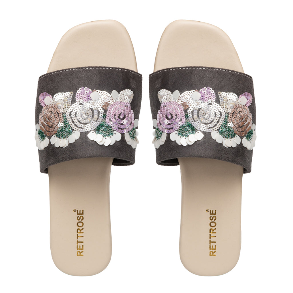 Sutton Grey Luxury Plush Diamanté Embellished Handmade Sliders