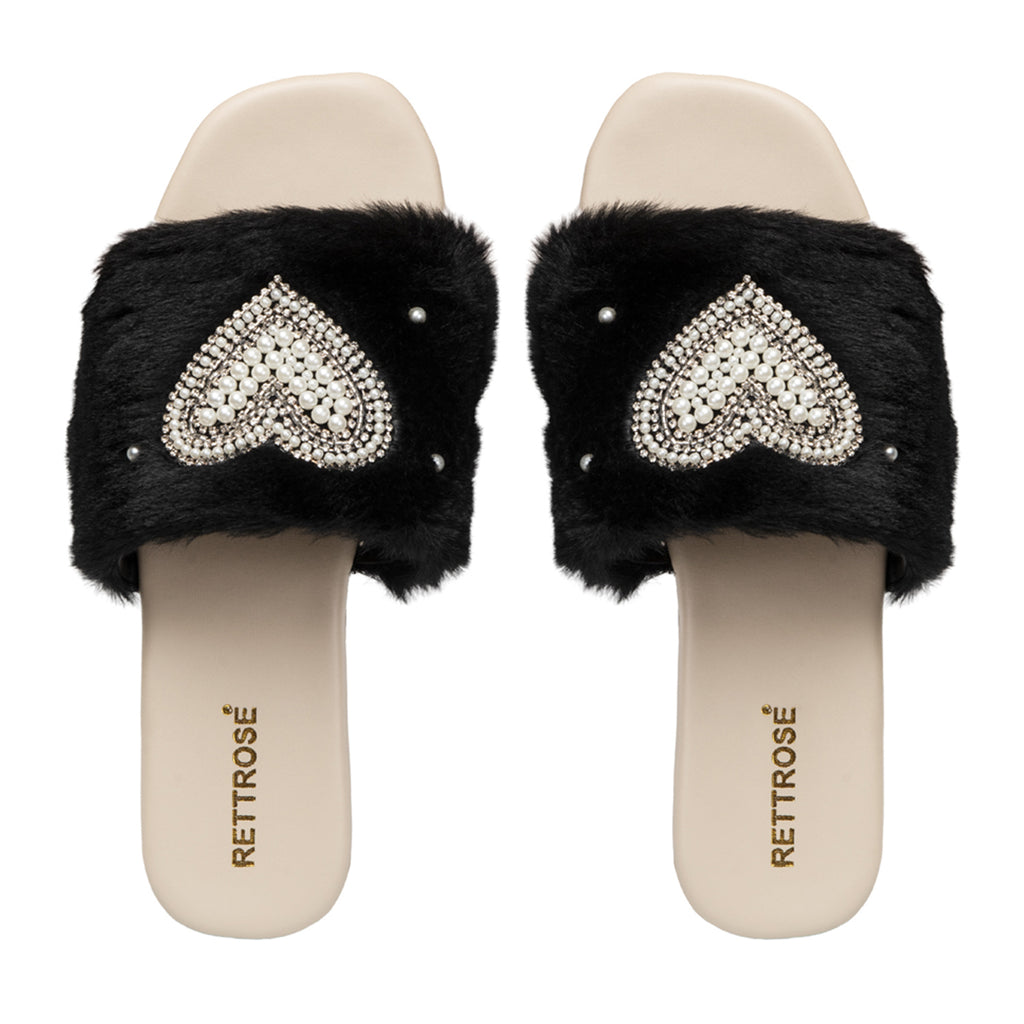 Lilah Black Luxury Plush Diamanté Embellished Handmade Sliders 