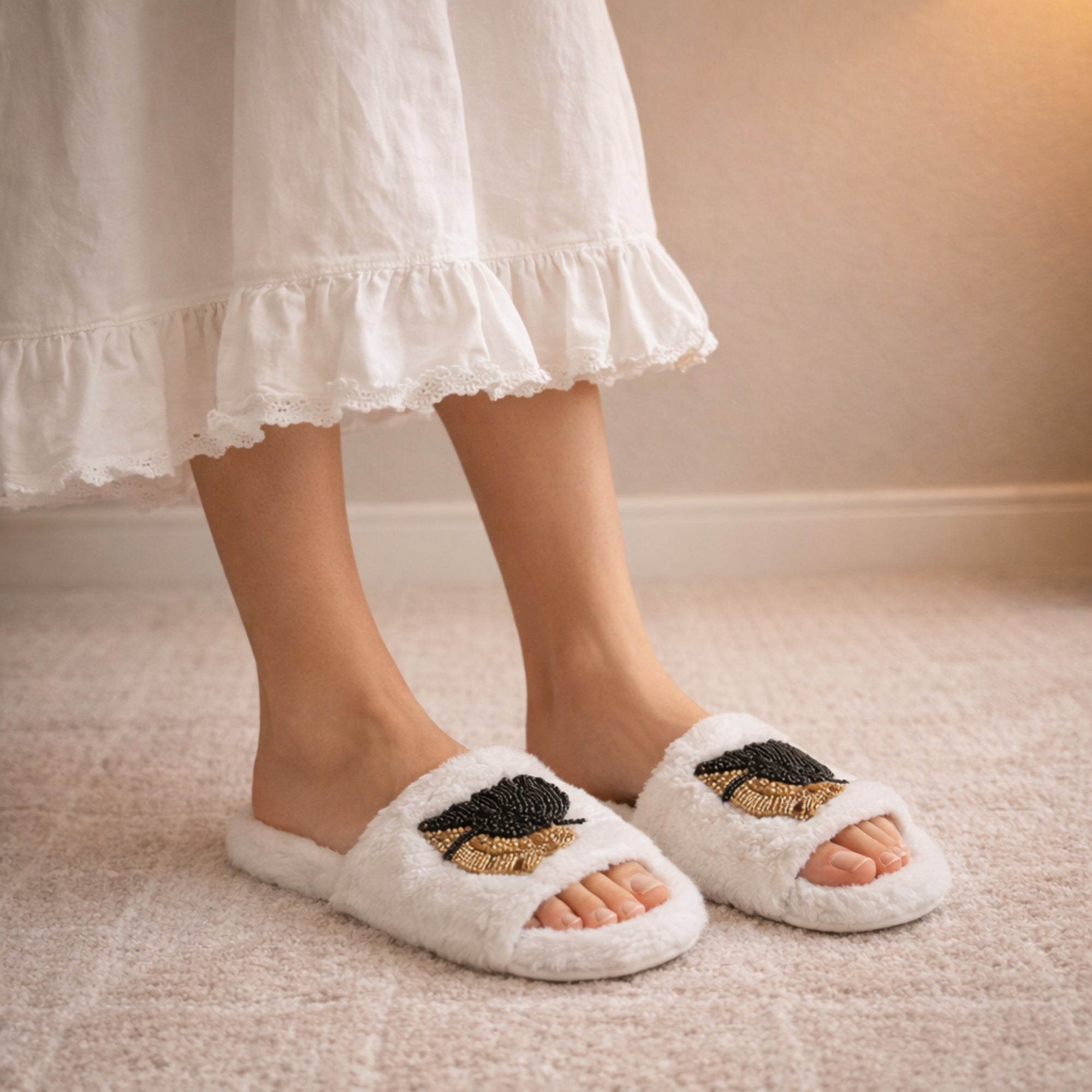 Wren Cream Luxury Plush Diamanté Embellished Handmade Slipper