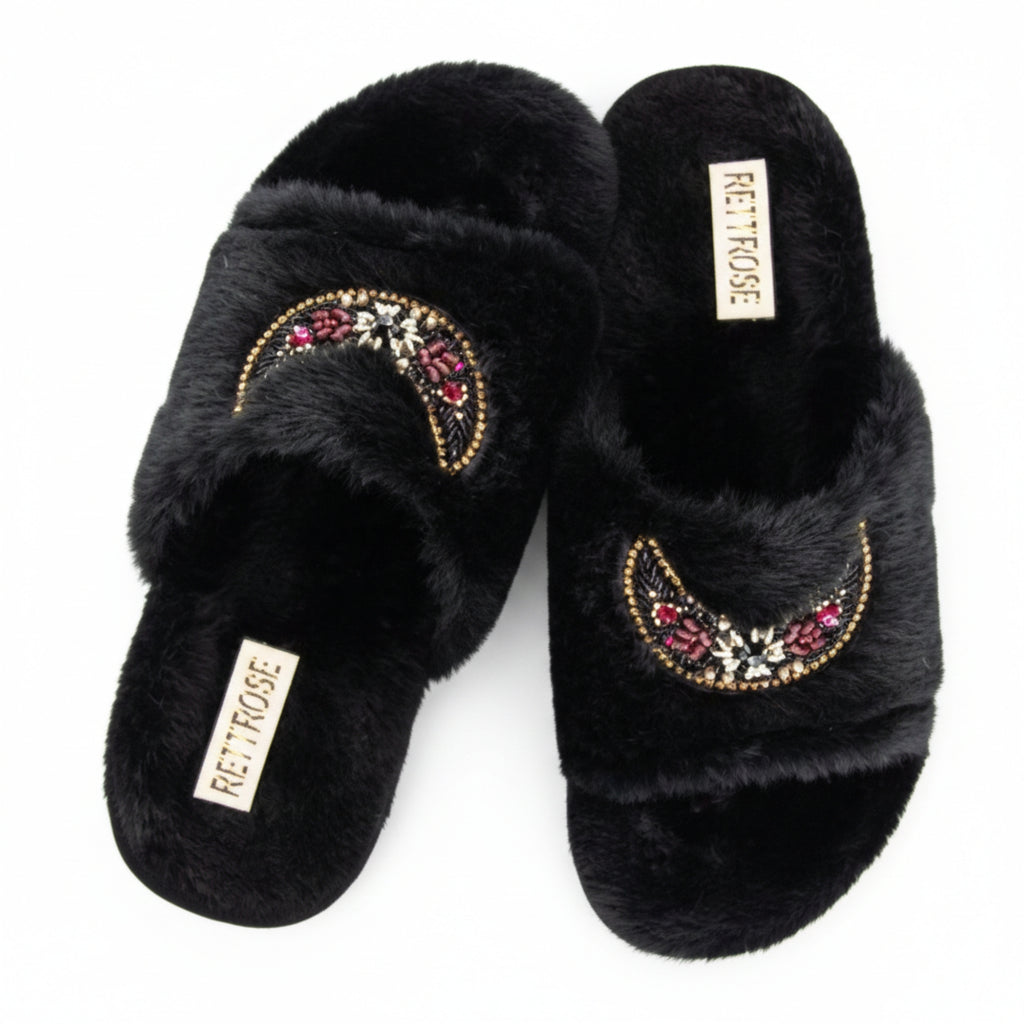 Paisley Black Luxury Plush Diamanté Embellished Handmade Slipper