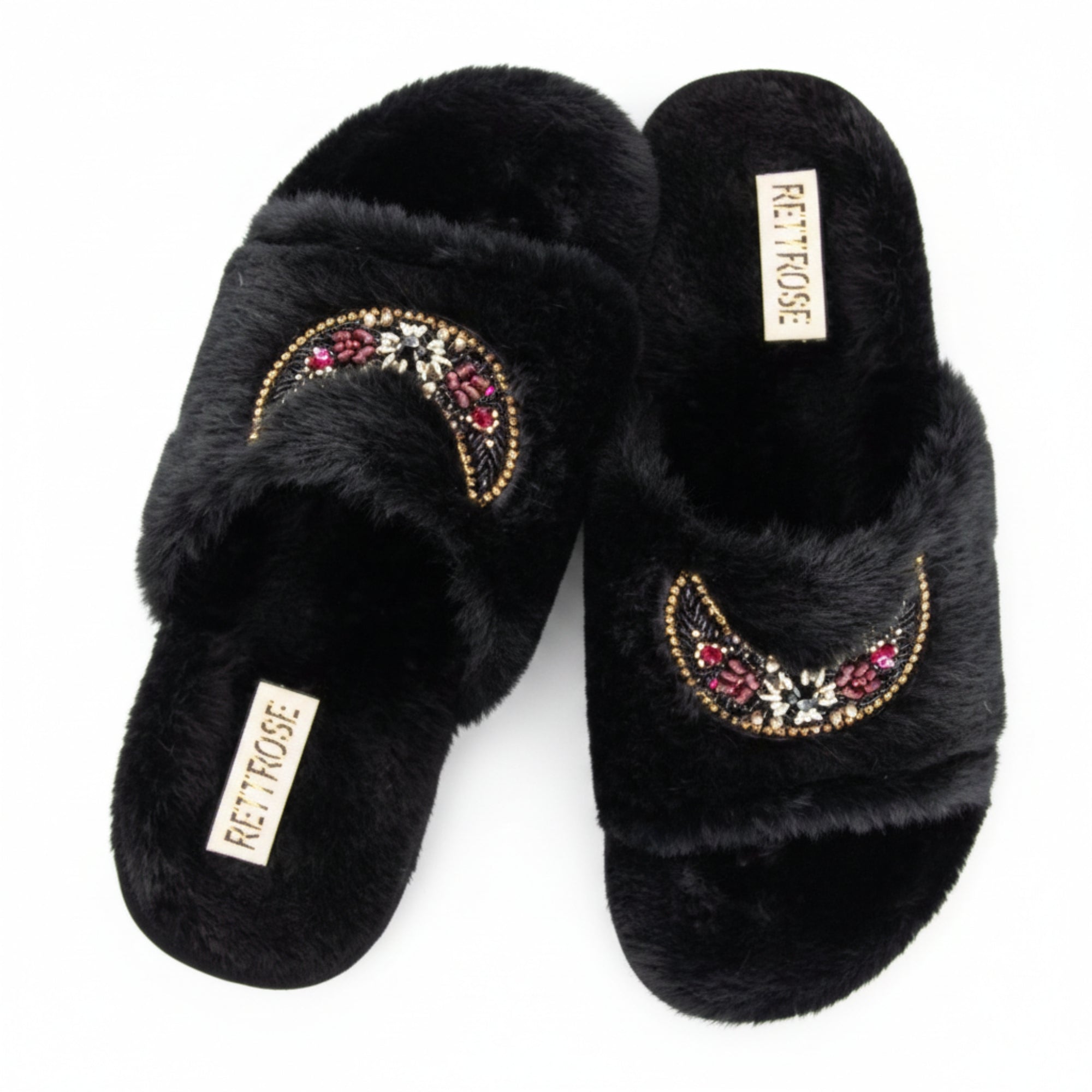 Paisley Black Luxury Plush Diamanté Embellished Handmade Slipper