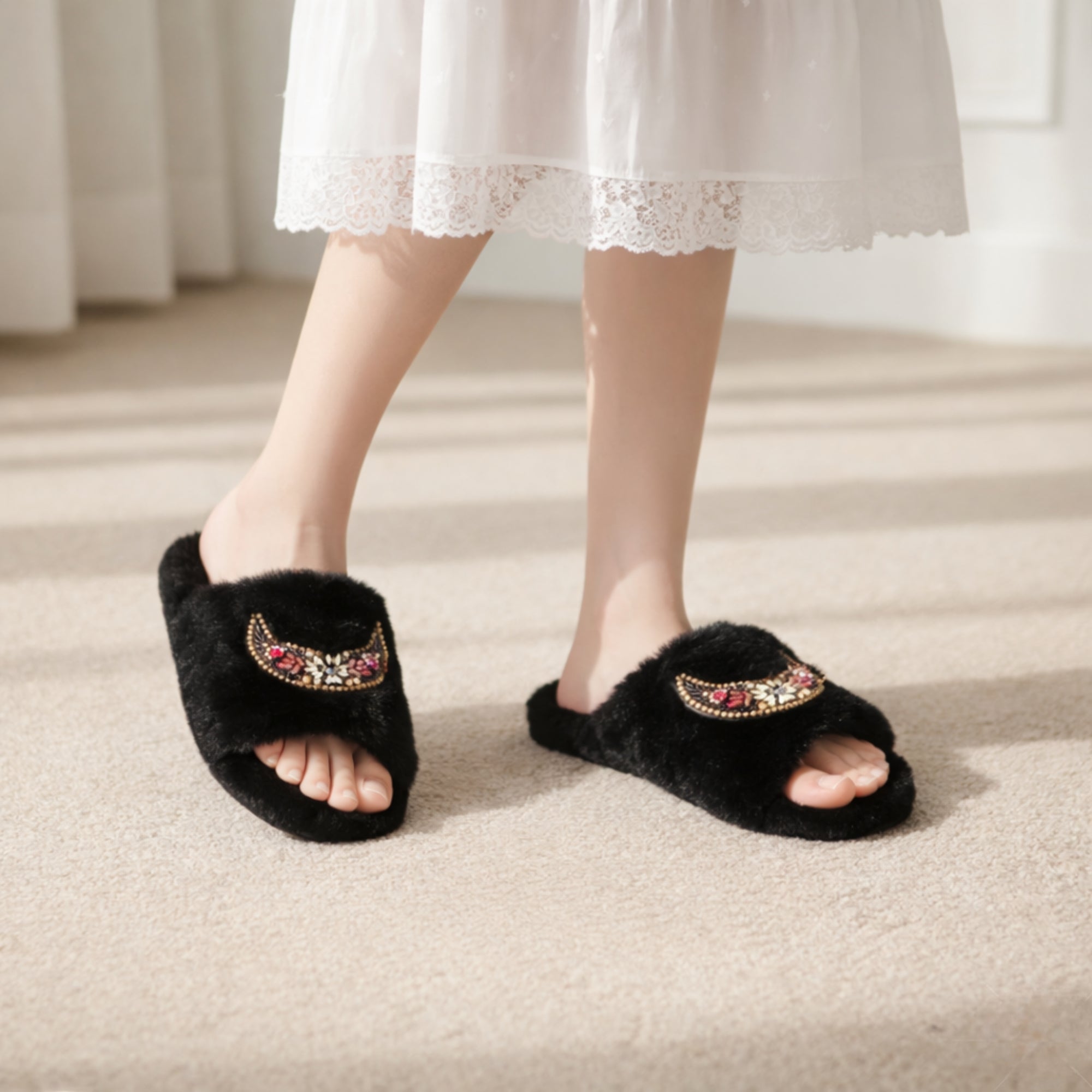 Paisley Black Luxury Plush Diamanté Embellished Handmade Slipper