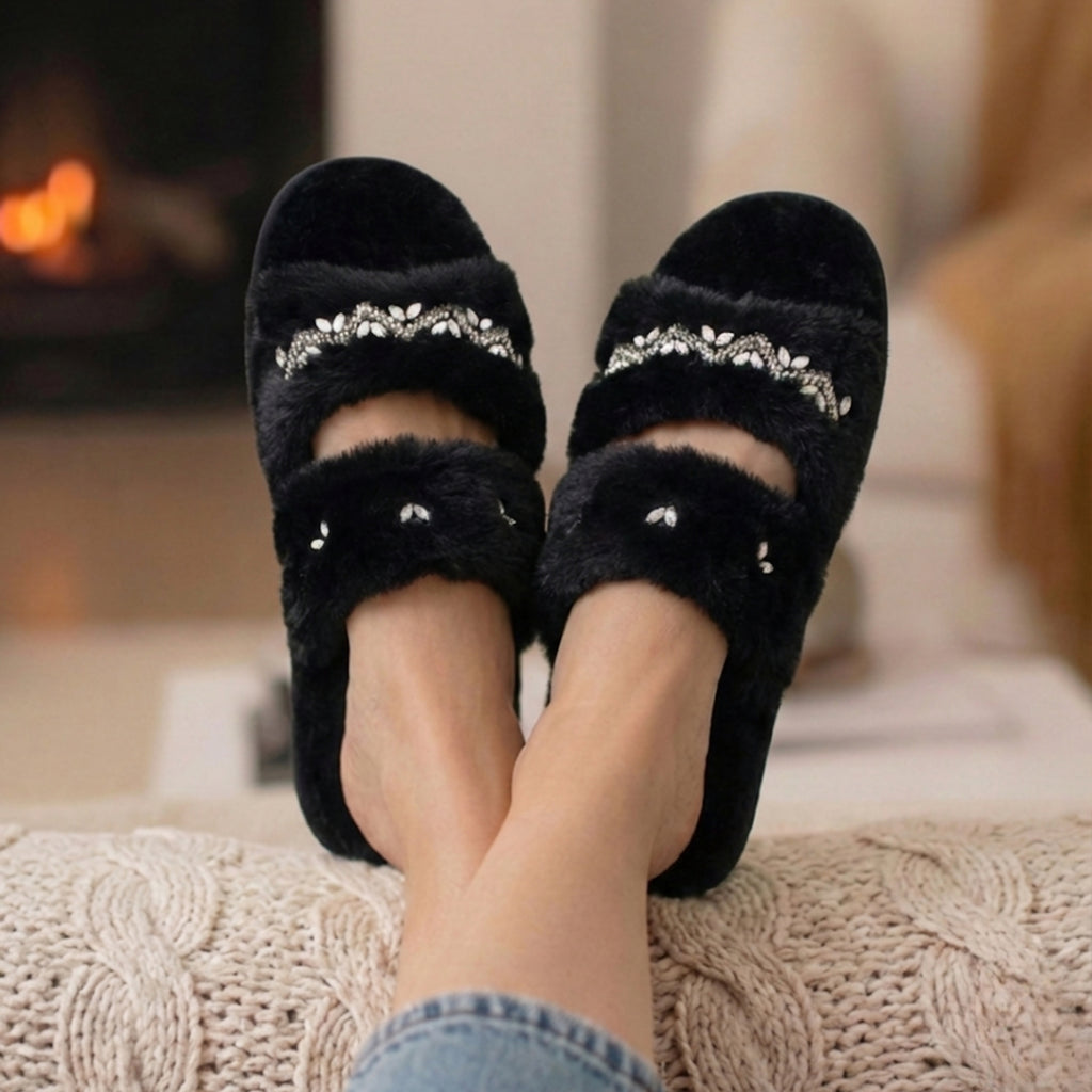 Myla Black Luxury Plush Diamanté Embellished Handmade Slipper