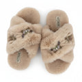 The Sadie Mink Luxury Handmade Women’s Slippers – Beige Faux Fur Front-to-Toe, Diamanté Butterfly, Comfortable Rubber Sole