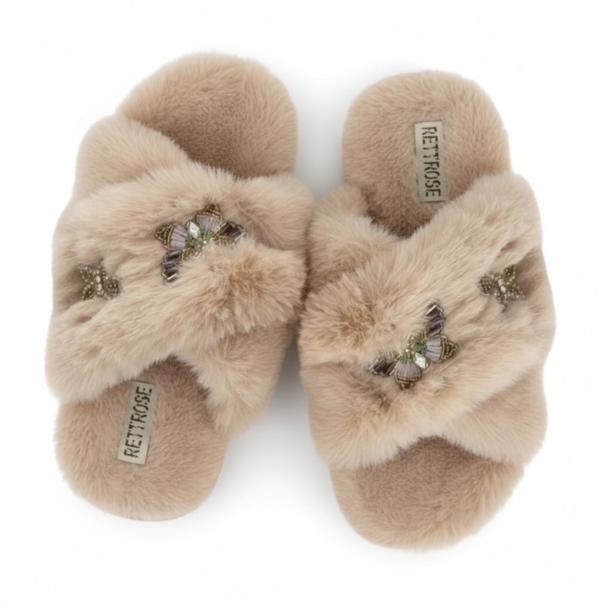 The Sadie Mink Luxury Handmade Women’s Slippers – Beige Faux Fur Front-to-Toe, Diamanté Butterfly, Comfortable Rubber Sole