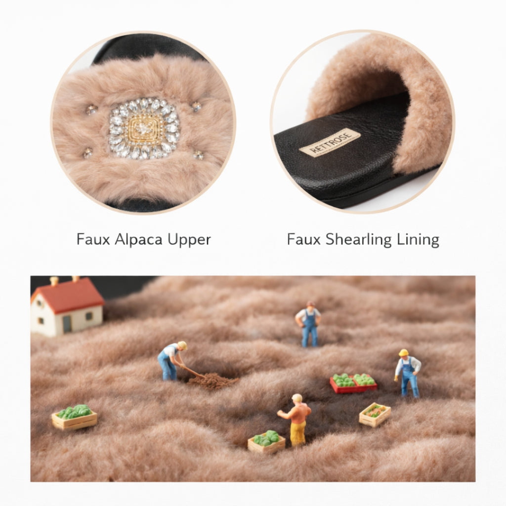 The Aubrey Mink Luxury Handmade Women’s Slippers – Faux Fur, Black & Beige, Diamanté Bow, Comfortable Rubber Sole with Excellent Grip