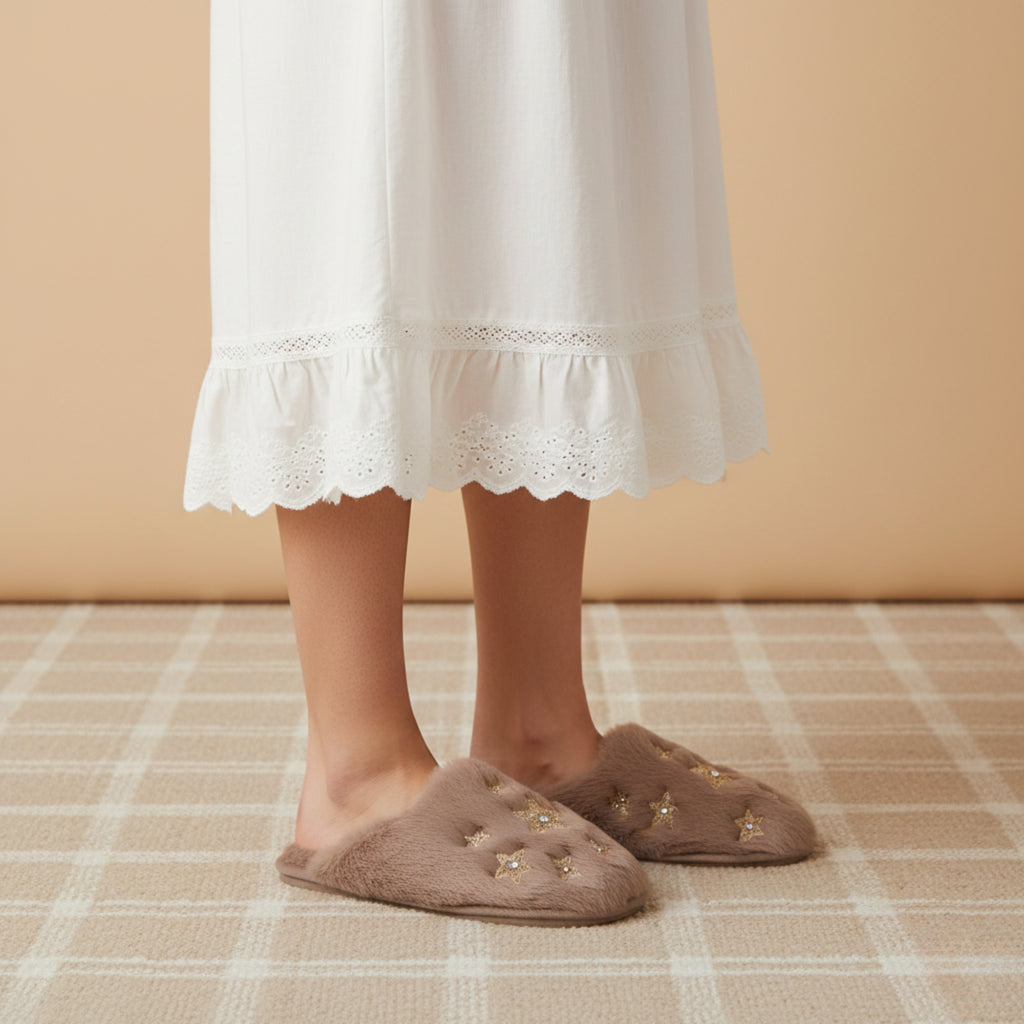 Saylor Women’s Beige Luxury Faux Fur Slippers – Handmade Plush Indoor Slides with Diamanté Star Embellishment