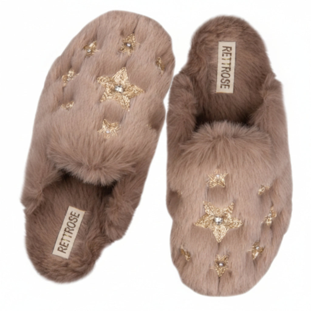 Saylor Women’s Beige Luxury Faux Fur Slippers – Handmade Plush Indoor Slides with Diamanté Star Embellishment