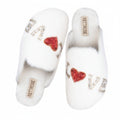 Anastasia Cream Women’s Luxury Slippers – Handmade White Faux Fur Slippers with Diamanté Love Appliqué