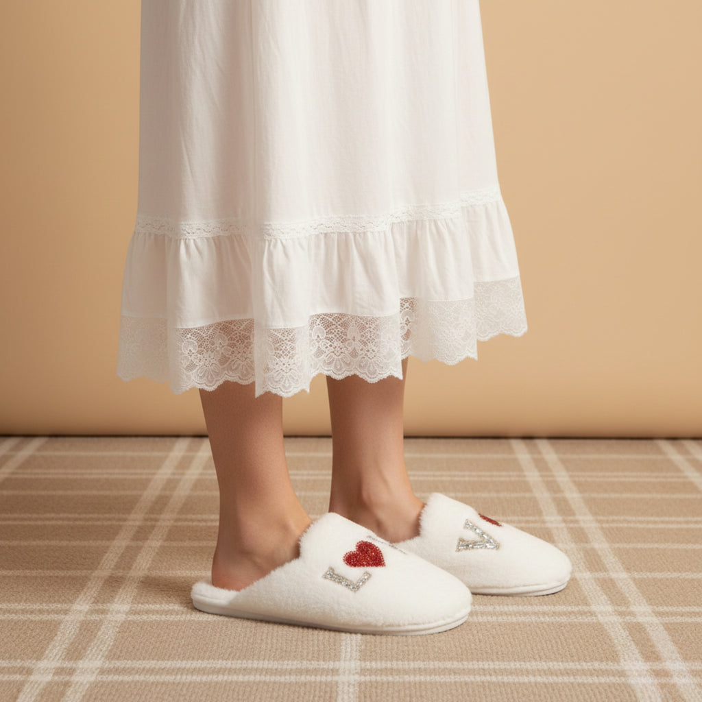 Anastasia Cream Women’s Luxury Slippers – Handmade White Faux Fur Slippers with Diamanté Love Appliqué