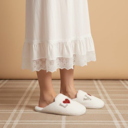 Anastasia Cream Women’s Luxury Slippers – Handmade White Faux Fur Slippers with Diamanté Love Appliqué